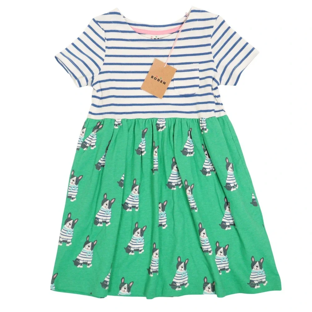 Mini Boden Girls Dress French Bulldog Stripes Green 100% Cotton Kids 4-5Y NWT